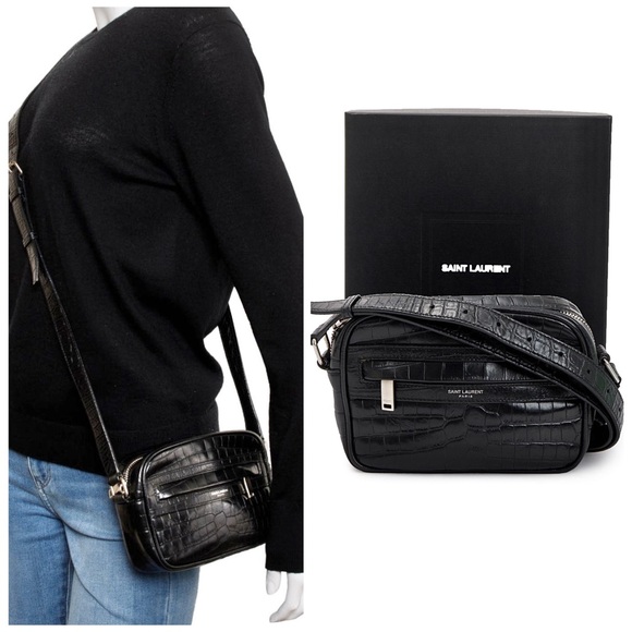 Saint Laurent Black Leather Croc Embossed Crossbody Camera  Bag - Picture 3 of 15